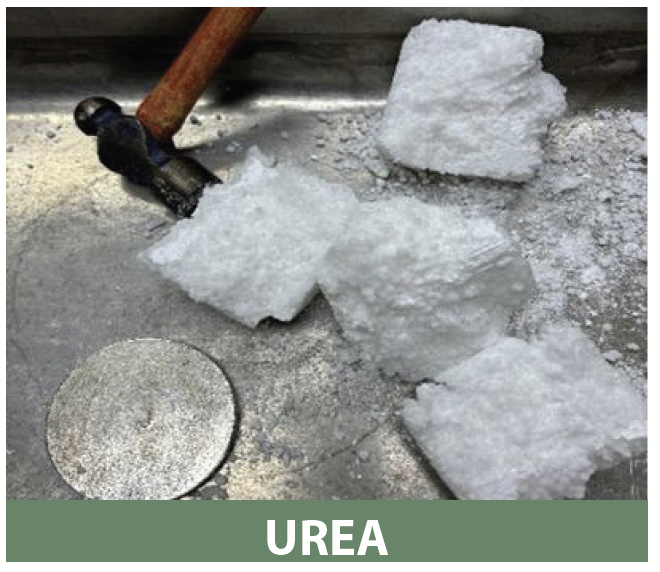 Examples of caking in urea after exposure to high humidity and pressure.